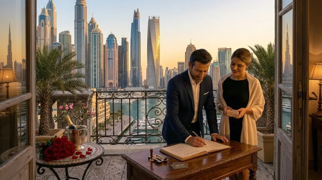 Illuminated Burj Khalifa from a private hotel room terrace, perfect for a romantic Dubai getaway, and one of the best romantic hotels in Dubai.