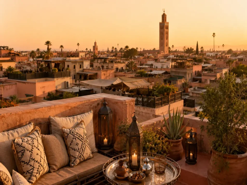 Hotel rooftop terrace in Marrakech with Medina views