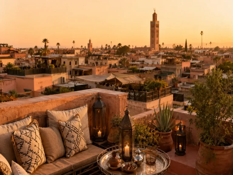 Hotel rooftop terrace in Marrakech with Medina views