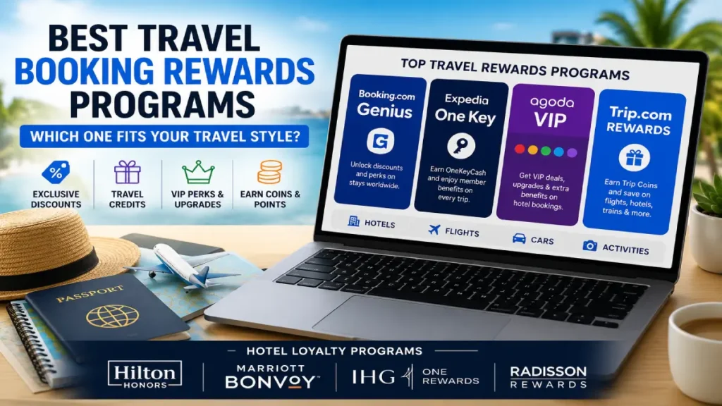 Best travel booking rewards programs including Booking.com Genius, Expedia One Key, AgodaVIP, Trip.com Rewards, and hotel loyalty programs.