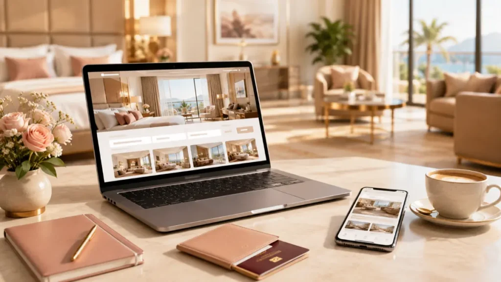 Hotel booking scene with a laptop, smartphone, passport, notebook, and coffee on a luxury travel desk.