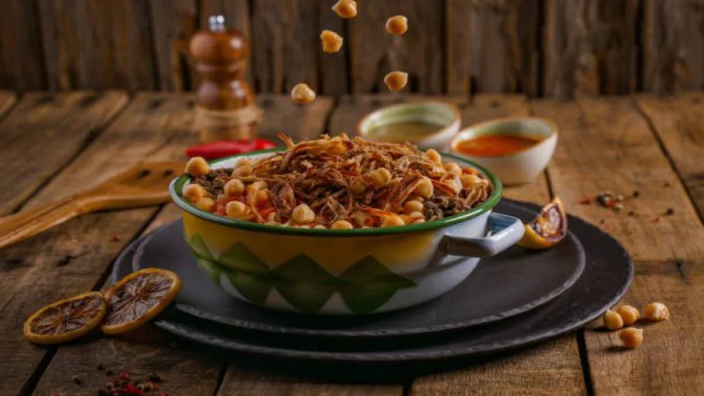 Bowl of traditional Egyptian koshari with chickpeas and crispy onions for an Egypt honeymoon food stop in Cairo