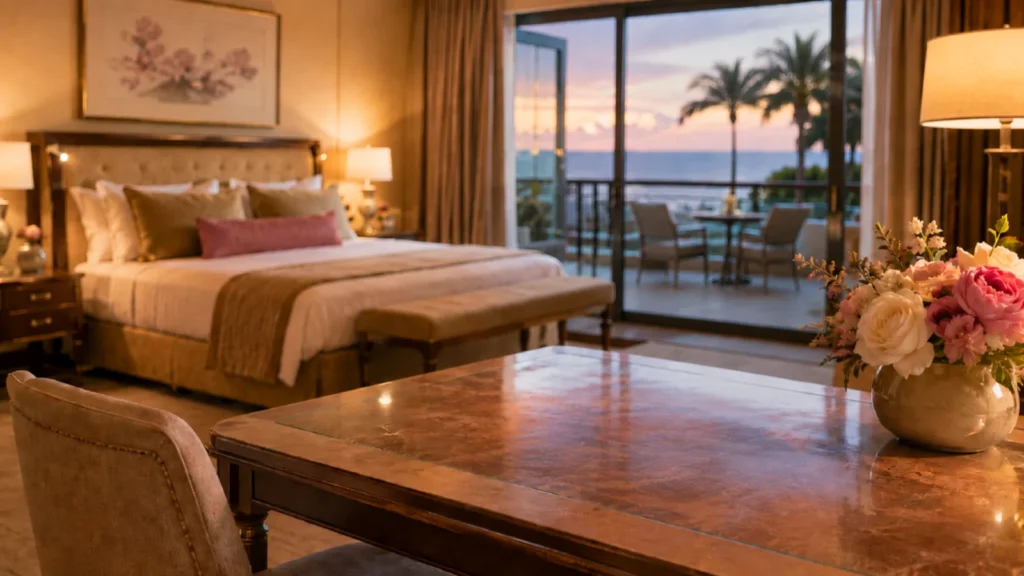 Romantic honeymoon hotel room with warm lighting, flowers, luxury bed, and ocean view