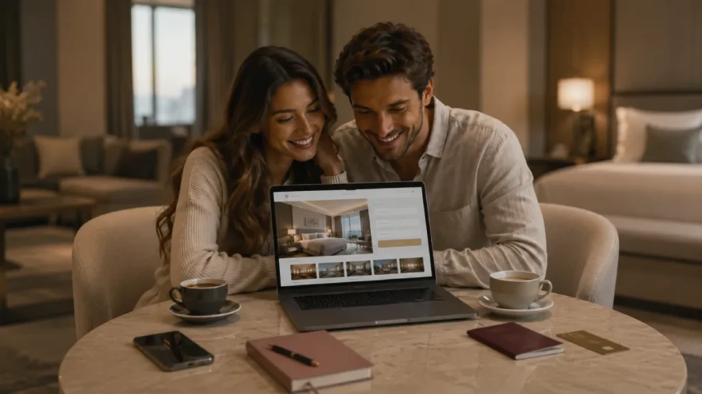 Couple reviewing hotel booking details before a romantic stay