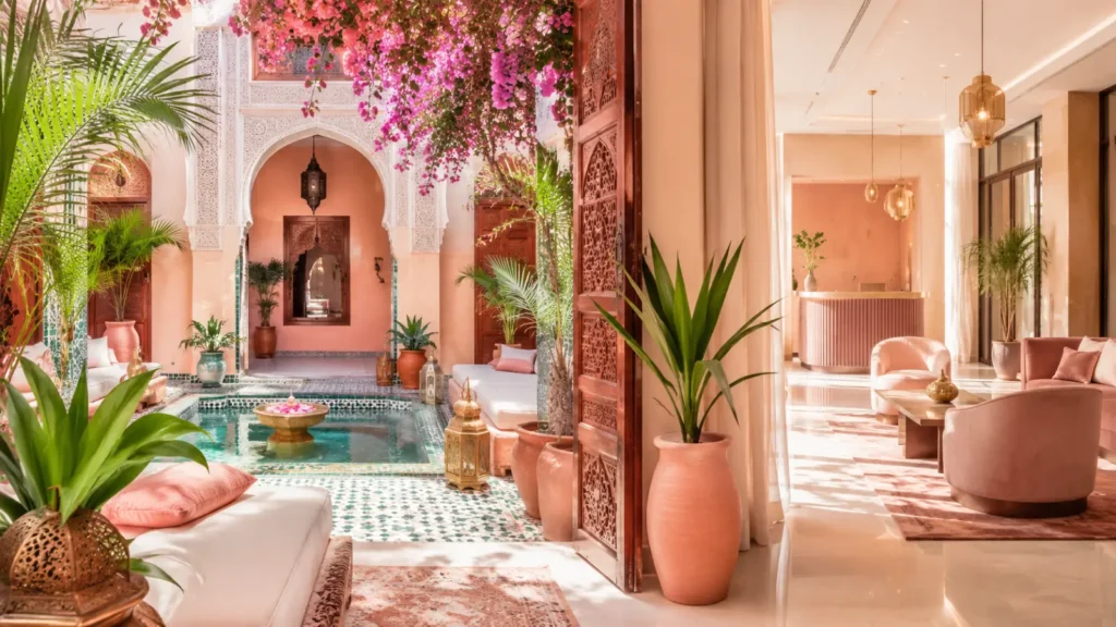 Traditional riad courtyard and modern hotel lounge atmosphere in Marrakech