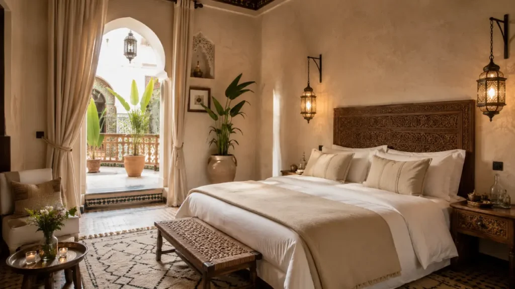 Moroccan-style hotel room in Marrakech with carved wooden bed, lanterns, and courtyard view